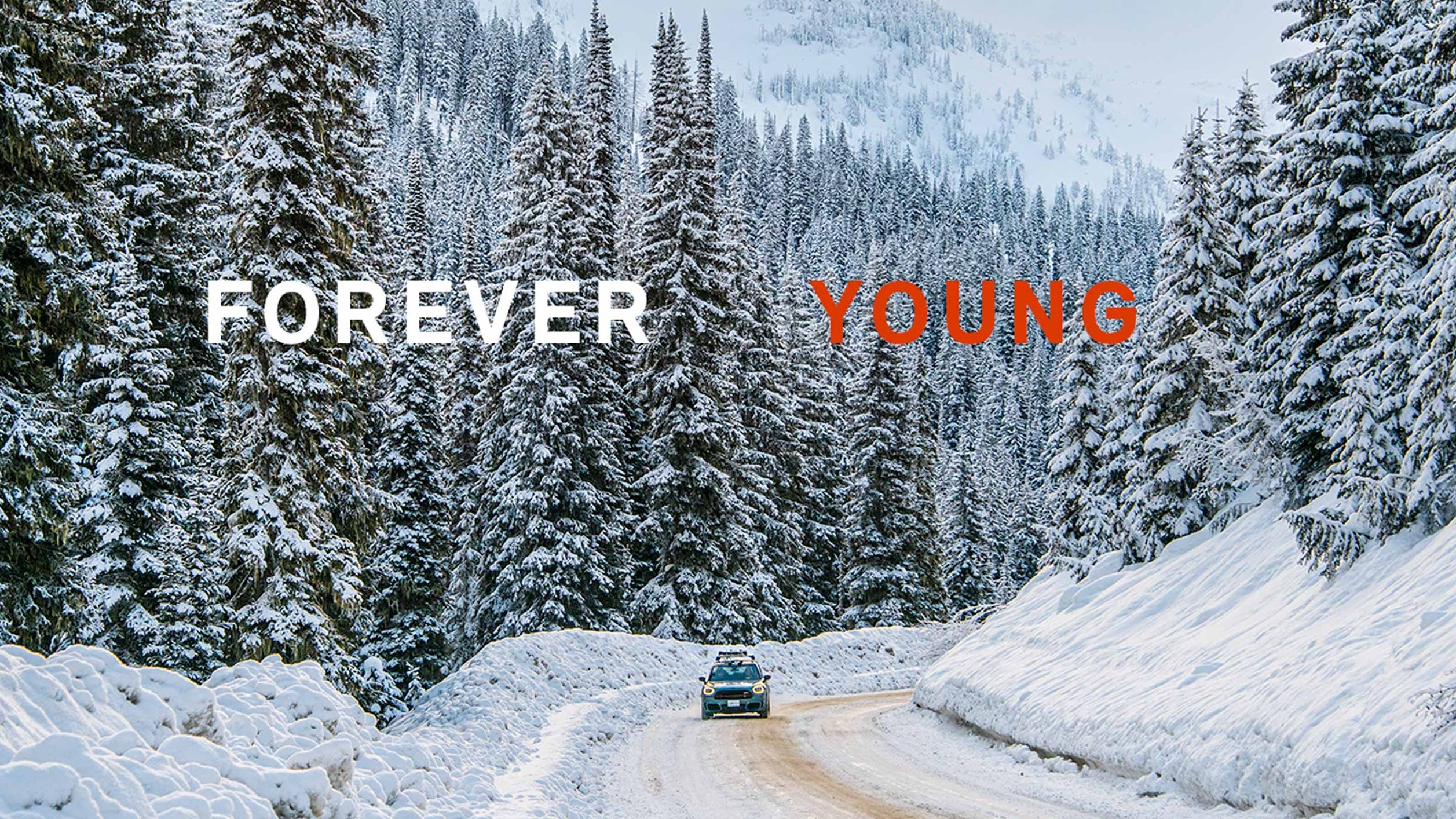 Picture of the MINI Countryman driving through the snowy mountain landscape of British Columbia, Canada.
